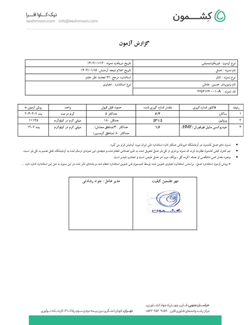 نتیجه آزمایش عسل کُنار