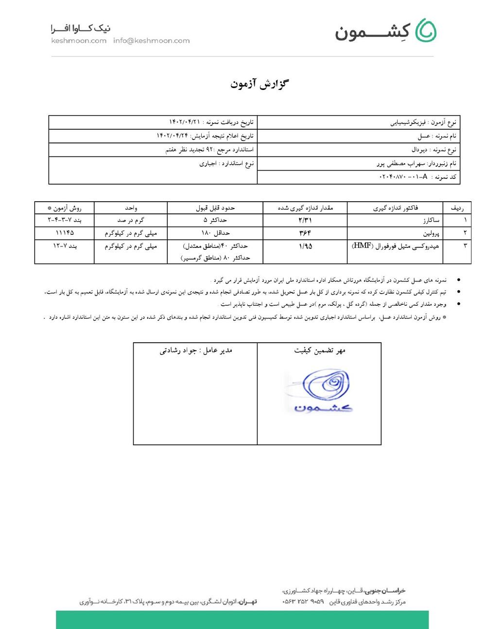 نتیجه آزمایش عسل دیودال