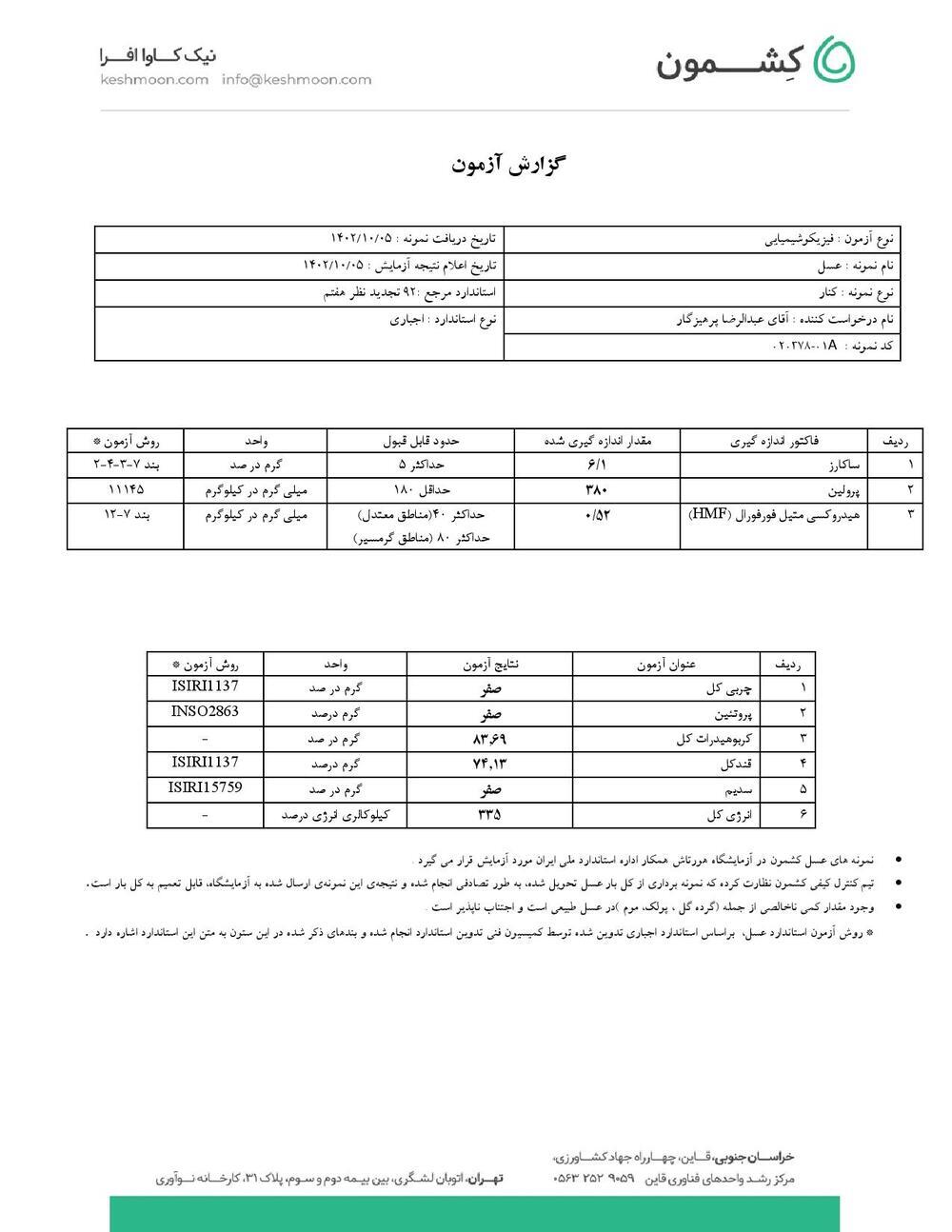 نتیجه آزمایش عسل کُنار