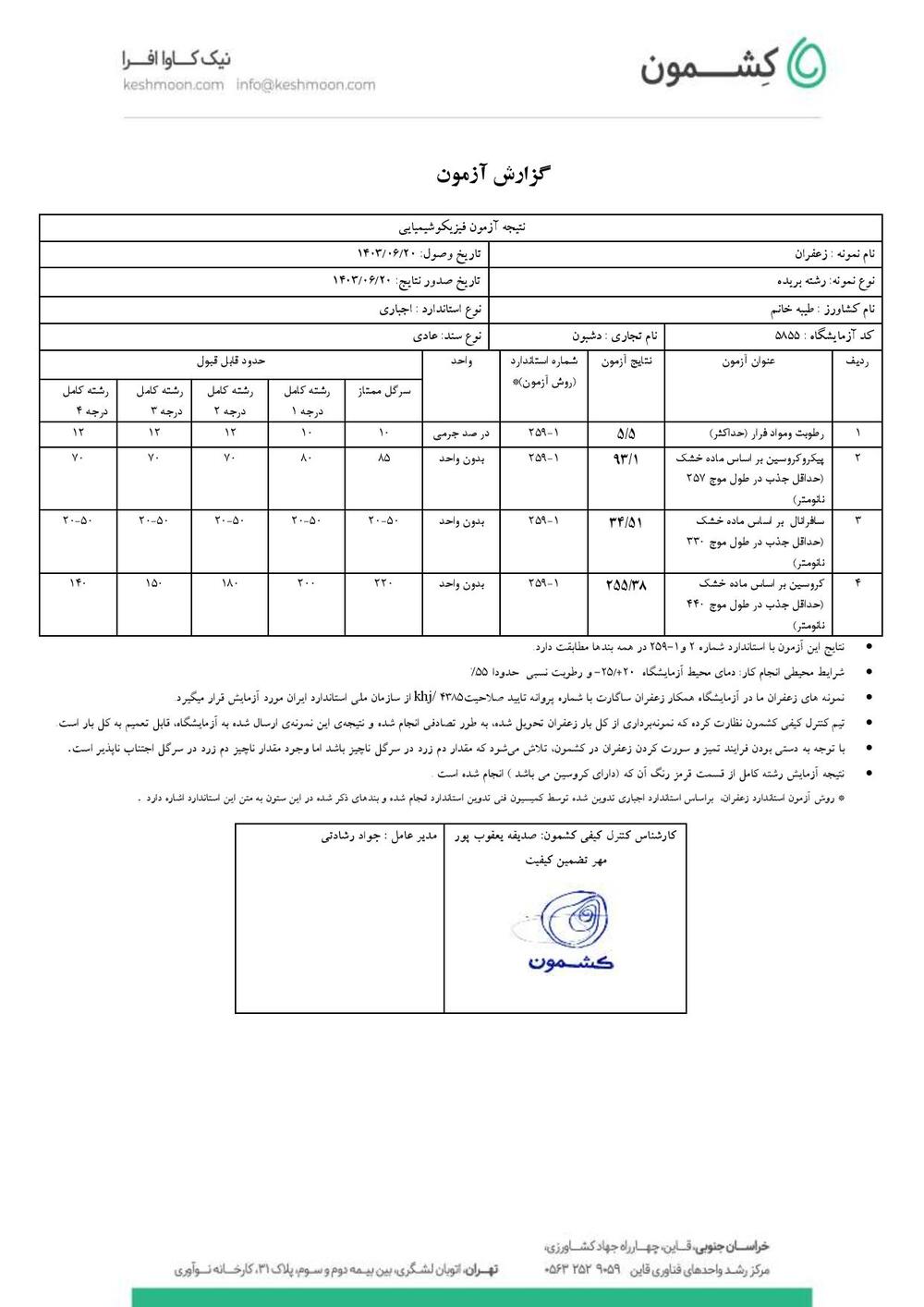 نتیجه آزمایش زعفران رشته کامل