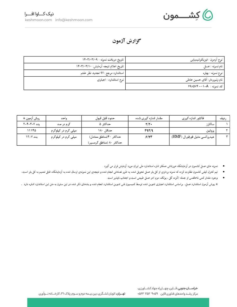 نتیجه آزمایش عسل چند گیاه بهاره