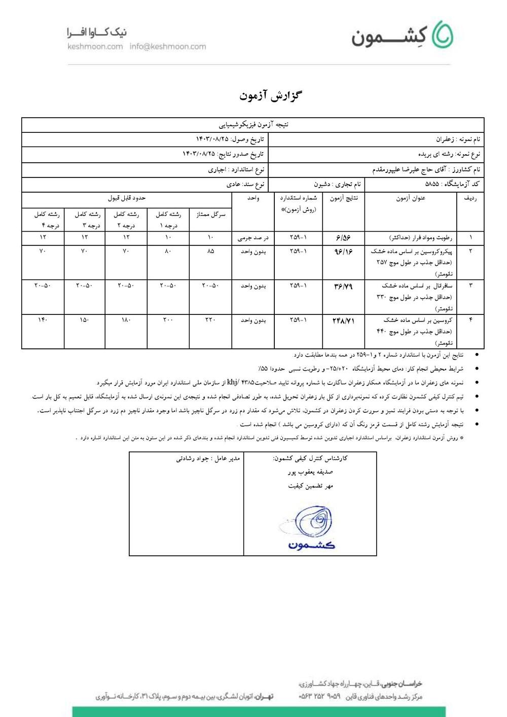 نتیجه آزمایش زعفران سرگل