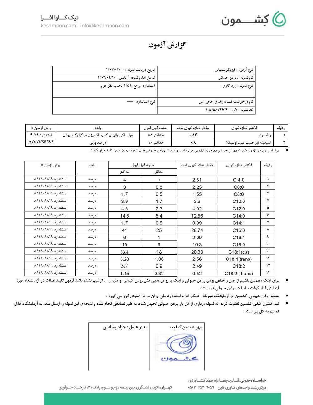 نتیجه آزمایش روغن زرد گاوی