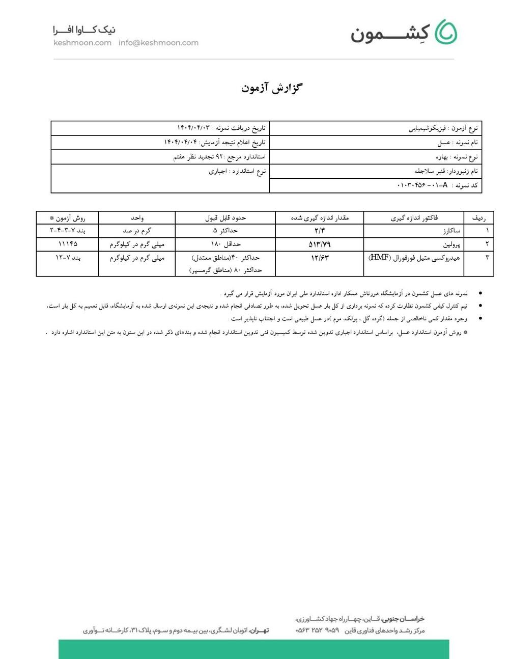 نتیجه آزمایش عسل چند گیاه بهاره
