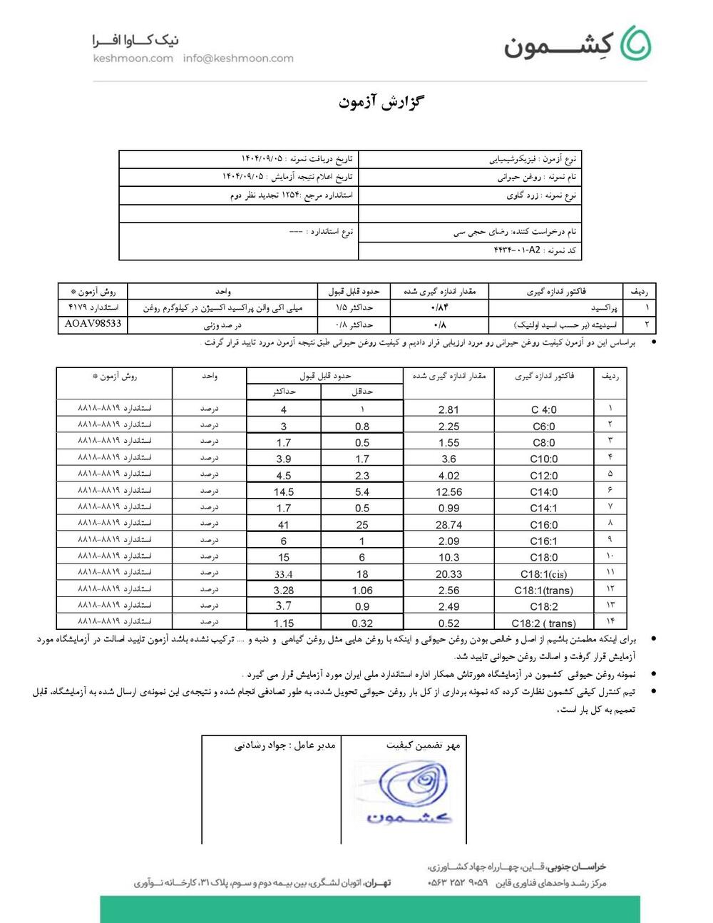 نتیجه آزمایش روغن زرد گاوی