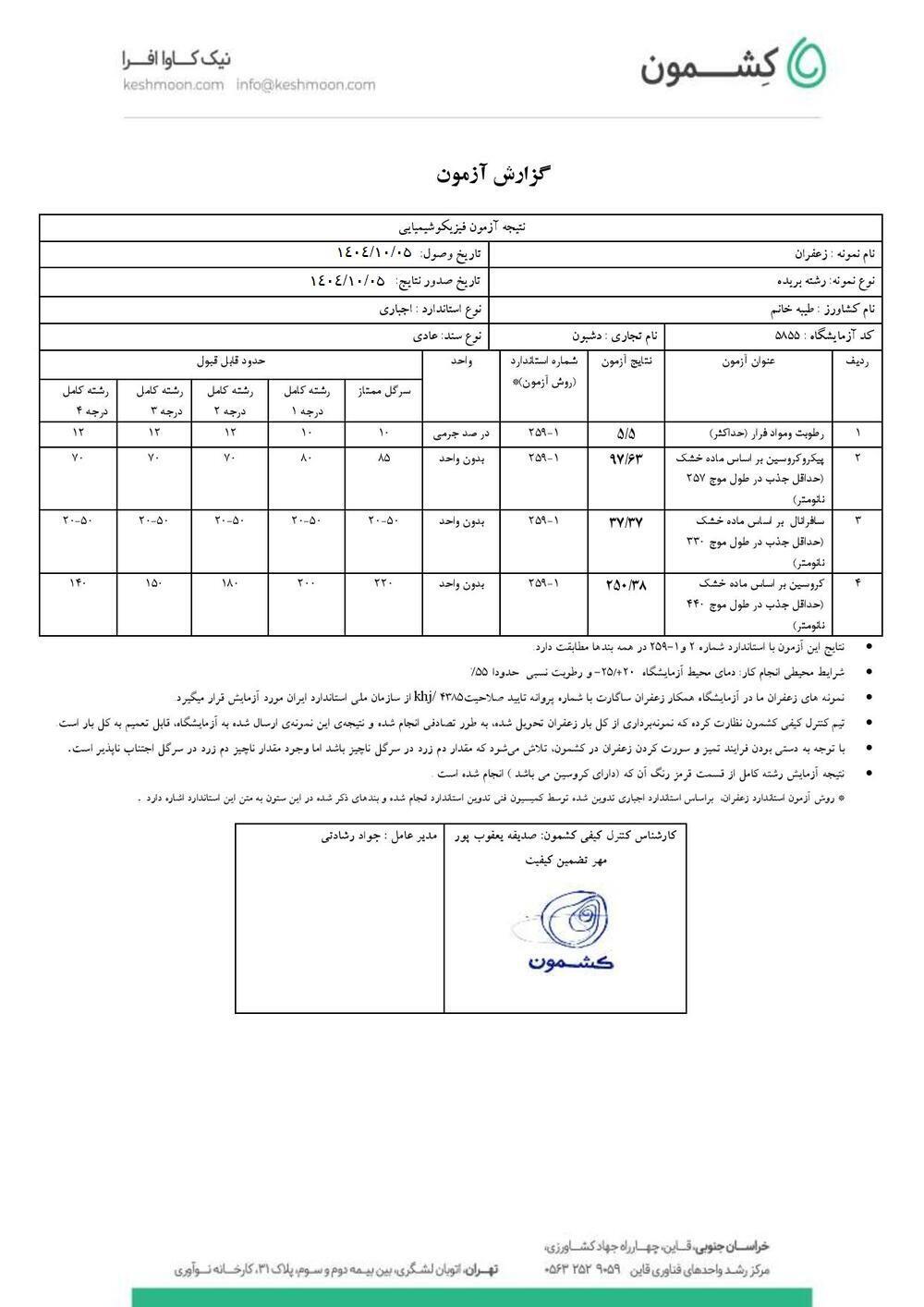 نتیجه آزمایش زعفران رشته کامل