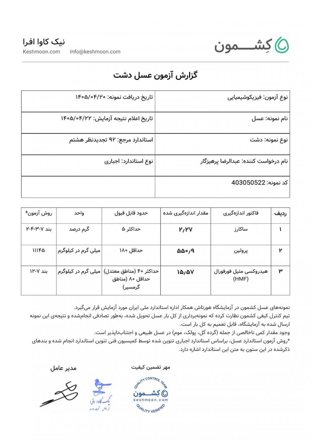 نتیجه آزمایش عسل دشت